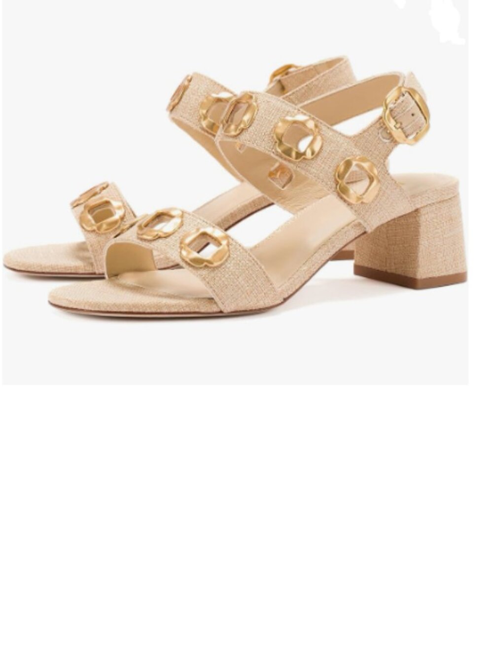YDN Gold Open Toe Sandals Chunky Block Dressy Low Heels Backstrap with Buckle
